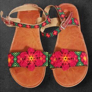 Handcrafted  Sandals With Beaded Floral Design Multicolor Size 5.5